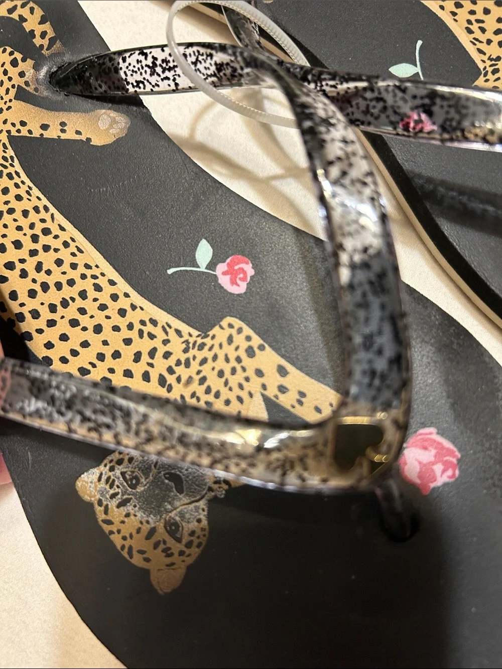 kate spade Black Leopard Print Flip Flop Sandals with Pink Floral Accent